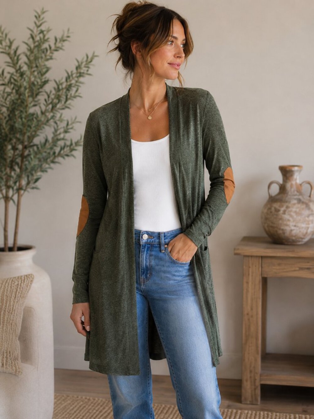 Vizio Hunter Green Long Open Cardigan Women’s M Elbow Patch Made in USA